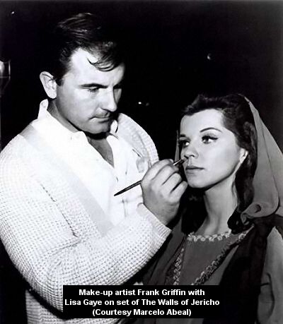Make-up artist Frank Griffin with Lisa Gaye on set of The Walls of Jericho